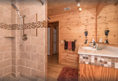 A rustic bathroom featuring a tiled shower, wooden walls, and a sink with decorative accents.