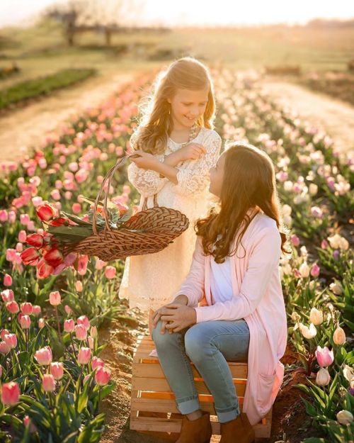 A girl in a white dress holds a basket of flowers while talking to a woman sitting on a wooden crate in a tulip field.