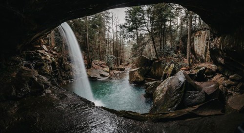 A serene waterfall cascades into a tranquil pool, framed by rocky cliffs and lush forest greenery.