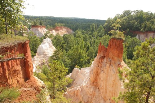 A scenic view of colorful rock formations and lush green trees in a canyon landscape under a clear sky.