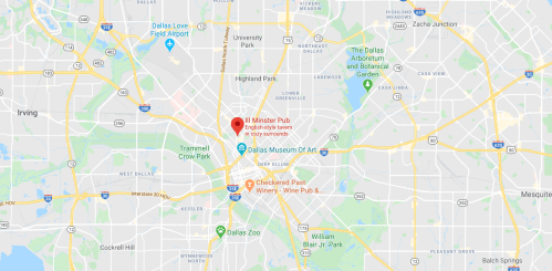 Map showing the location of M. Nister Pub in Dallas, Texas, near various landmarks and neighborhoods.