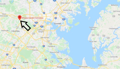 Map showing Whipps Garden Cemetery located north of Columbia, Maryland, near the Patapsco River and surrounding areas.
