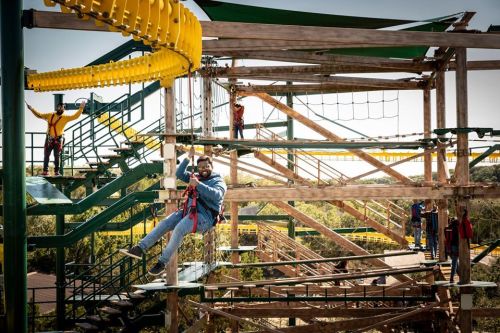 A group of people navigating a high ropes course, with one person zip-lining and others on platforms.