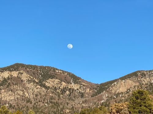 A clear blue sky with a full moon rising above rugged, tree-covered mountains.