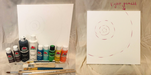 A blank canvas with a light pencil spiral sketch, surrounded by paint tubes and brushes on a soft background.