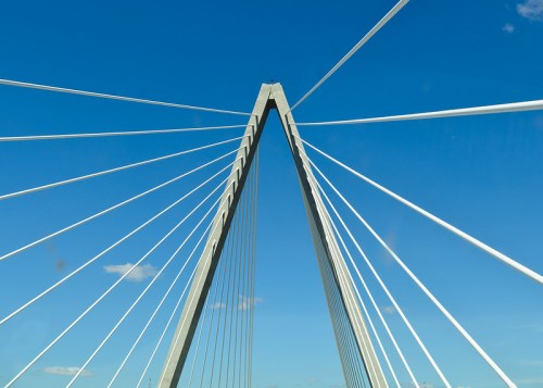 A close-up view of a modern cable-stayed bridge against a clear blue sky, showcasing its tall pylons and supporting cables.