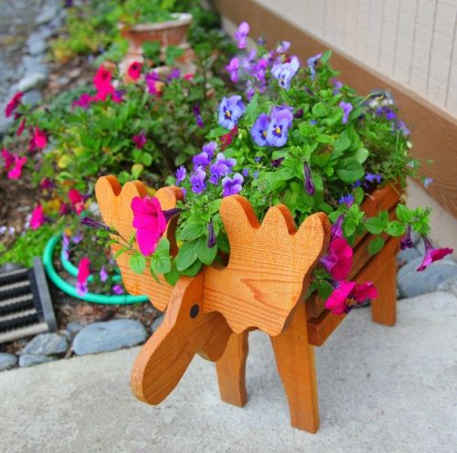 A wooden moose-shaped planter filled with colorful flowers, including pink and purple blooms, in a garden setting.