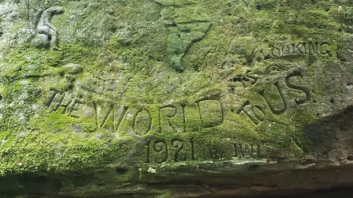 Carved stone with moss, featuring the text "THE WORLD LOOKING 1991" and a dinosaur figure.