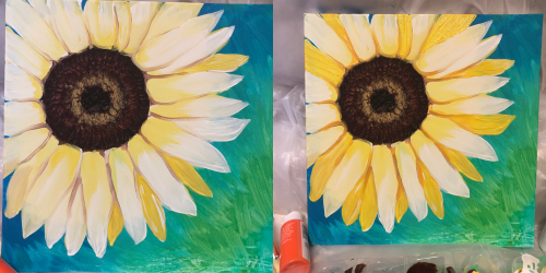 Two paintings of a sunflower on a blue-green background, showcasing vibrant yellow petals and a dark center.