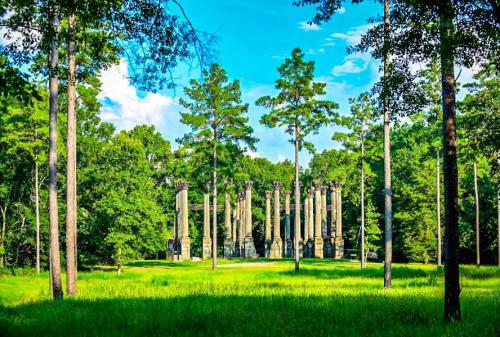 Tall stone pillars surrounded by lush green trees and grass under a bright blue sky.