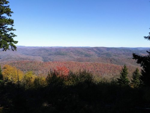 A panoramic view of rolling hills covered in autumn foliage under a clear blue sky.