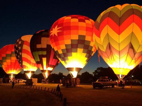 Colorful hot air balloons illuminated at night, creating a vibrant display against a dark sky.