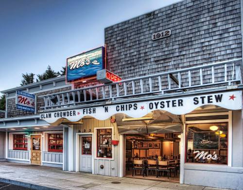 Exterior of Mo's restaurant featuring a sign for clam chowder, fish 'n' chips, and oyster stew, with a welcoming entrance.