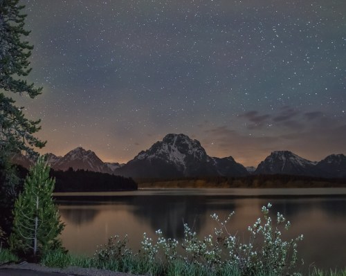 A serene night scene of mountains reflecting in a calm lake under a starry sky, with greenery in the foreground.