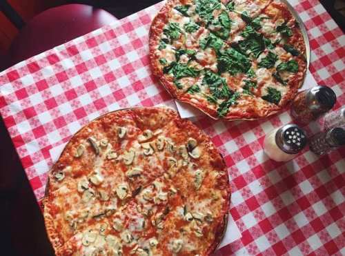 Two large pizzas on a red and white checkered tablecloth: one with mushrooms and cheese, the other topped with spinach.