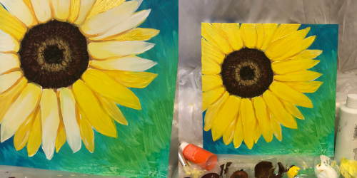 Two paintings of a sunflower on a blue-green background, with vibrant yellow petals and a dark center. Art supplies below.