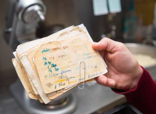 A hand holding a stack of old, handwritten recipe cards secured with a paperclip, with a mixer in the background.