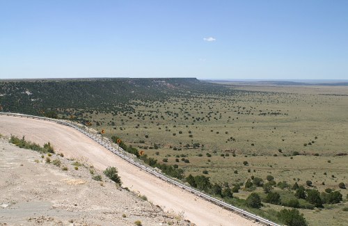 A wide view of a flat landscape with sparse vegetation, leading to a distant cliff under a clear blue sky.