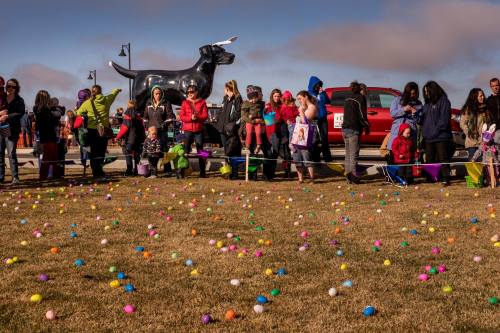 A crowd of families gathers on a grassy field filled with colorful Easter eggs, with a large black dog statue in the background.