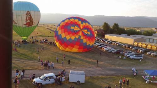 Colorful hot air balloons inflate on a grassy field, with spectators and parked cars in the background.