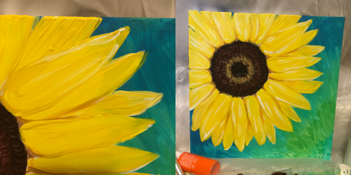A vibrant painting of a sunflower, showcasing bright yellow petals and a dark center against a teal background.