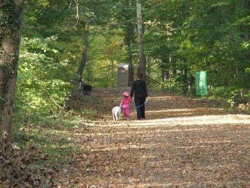 A woman and a child walk a dog along a leaf-covered path in a wooded area.