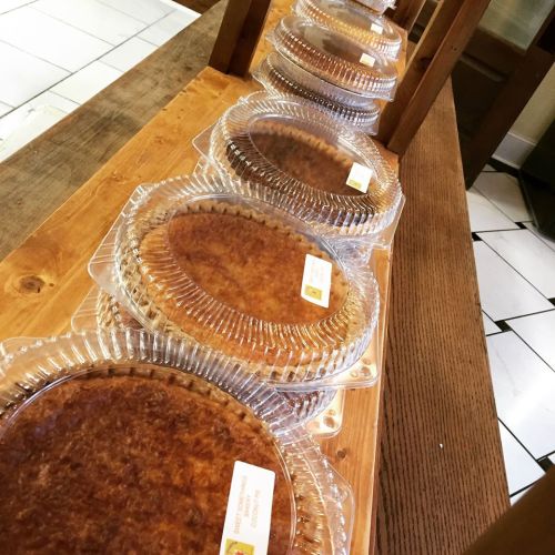 A row of pecan pies in clear plastic containers on a wooden counter.
