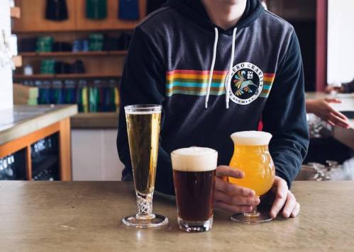 A person in a hoodie holds three glasses of beer: a pale lager, a dark ale, and a hazy IPA, on a bar counter.