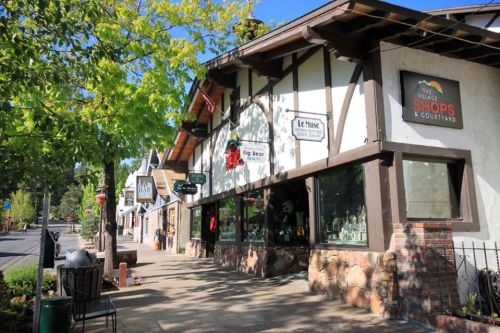 A charming street view of shops with a rustic design, surrounded by trees and a clear blue sky.
