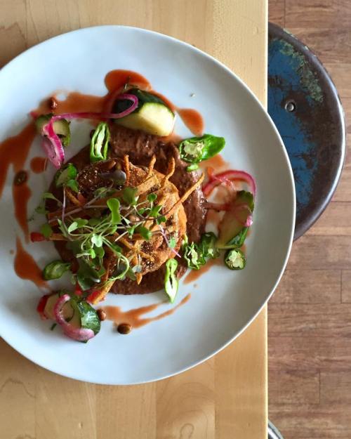 A plate of food featuring crispy onion rings, beans, sliced vegetables, and drizzled sauce, garnished with microgreens.