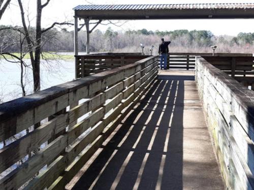 A wooden walkway leads to a covered area by a lake, with a person standing in the distance, surrounded by trees.