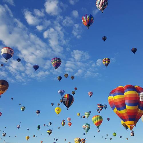 A vibrant sky filled with colorful hot air balloons floating among fluffy clouds.