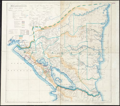 Map of Nicaragua showing geographical features, cities, and routes, with a legend and annotations.