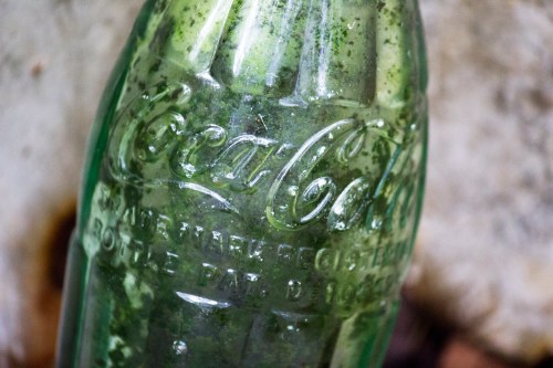 Close-up of a vintage Coca-Cola bottle covered in green moss, resting on a textured surface.