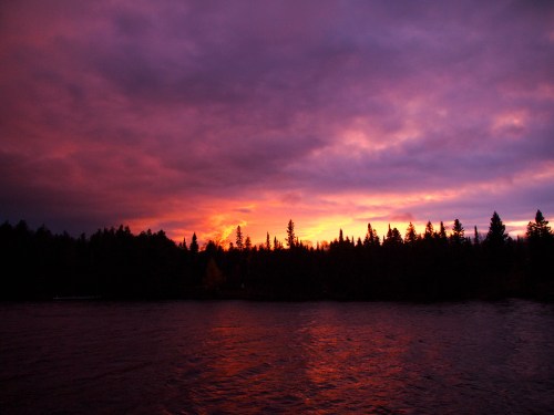 A vibrant sunset casts purple and orange hues over a lake, with dark silhouettes of trees along the shoreline.