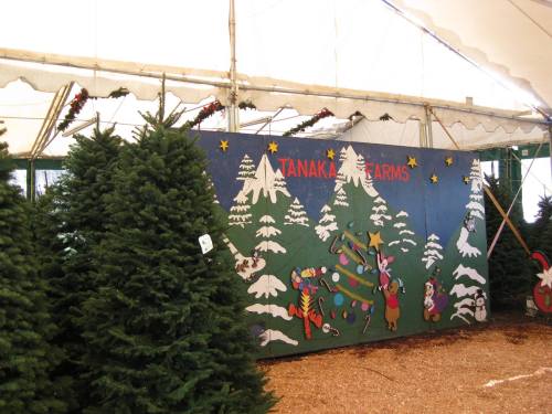 A festive scene at Tanaka Farms with decorated Christmas trees and a colorful mural of winter characters and scenery.
