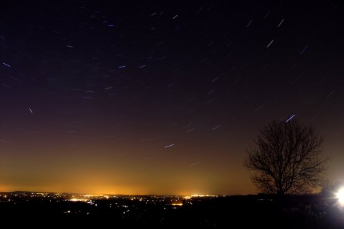 A night sky with star trails over a cityscape, featuring a silhouette of a tree in the foreground.