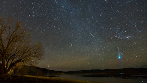 A starry night sky filled with shooting stars over a calm lake, framed by trees and distant hills.