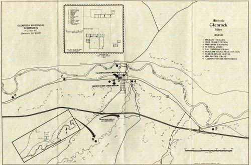 Map of historic sites in Glenrock, Wyoming, including landmarks and a detailed layout of the area.