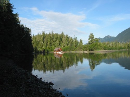 A serene lake scene with a cabin surrounded by lush trees, reflecting in the calm water under a blue sky.