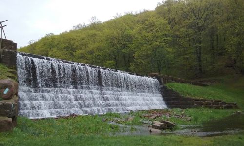 A cascading waterfall over a stone dam, surrounded by lush green trees and a tranquil pond.