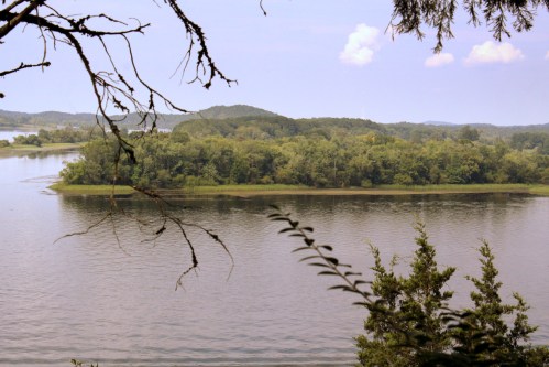 A serene view of a river surrounded by lush greenery and distant hills under a clear blue sky.