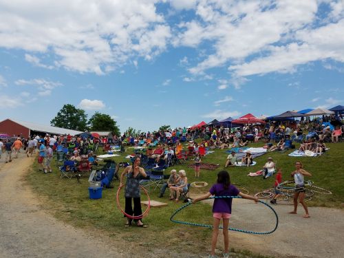 A lively outdoor festival scene with a crowd on a grassy hill, people sitting in chairs, and children hula hooping.