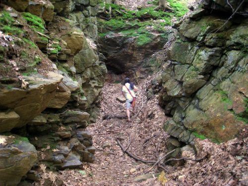 A person walks through a narrow, rocky path surrounded by moss-covered stones and fallen leaves in a forested area.