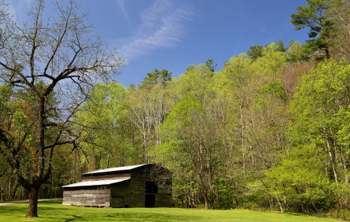 A rustic wooden barn surrounded by lush green trees under a clear blue sky.