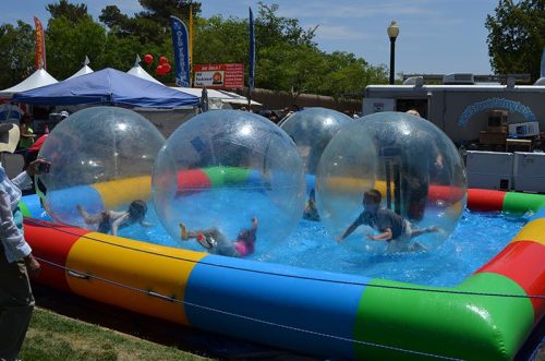 Children play inside large inflatable water balls in a colorful pool at an outdoor event.