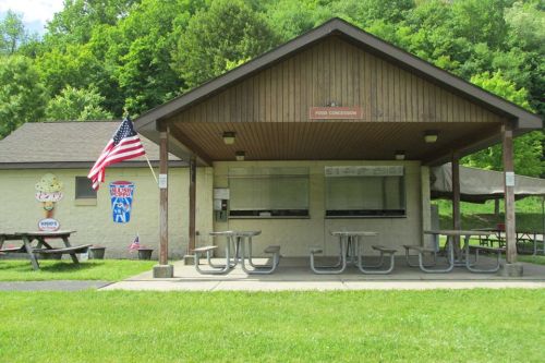 A food concession stand with picnic tables, an American flag, and a green hillside in the background.