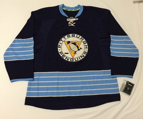 A navy blue Pittsburgh Penguins hockey jersey with light blue stripes and logo displayed on a white background.