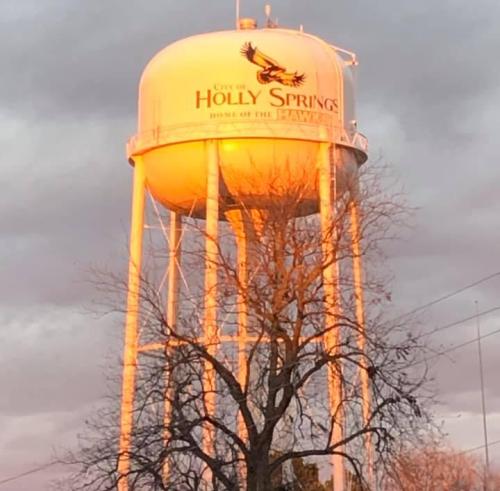 Water tower in Holly Springs, illuminated by sunset, with a tree in the foreground and cloudy sky.