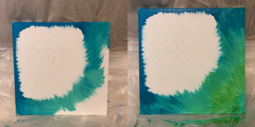 Two canvases with abstract backgrounds: one in shades of blue and teal, the other transitioning from teal to green.